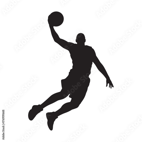 Black silhouette of a basketball player dunking a ball in mid-air jump