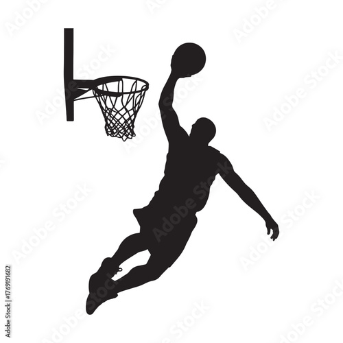 Black silhouette of a basketball player dunking on a white background slam dunk