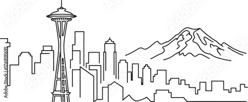 Seattle Washington Skyline Outline Building Architecture Cityscape Travel Landmark Vector