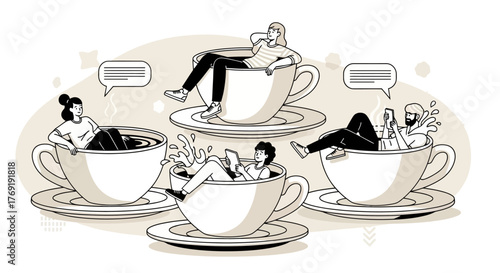 Relaxing Break People Enjoying Downtime in Coffee Cups Illustration