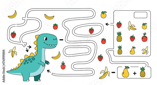 Adorable cartoon dinosaur navigating a colorful fruit maze, engaging in fun counting and basic arithmetic challenges for kids' learning.