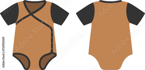 Cross wrap baby bodysuit vector mockup, kimono onesie fashion flat sketch, infant clothing CAD template front and back view