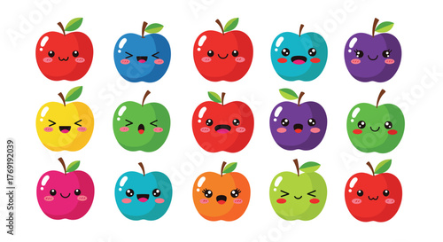Collection of diverse, cute, and colorful cartoon apples featuring a variety of expressions, perfect for cheerful designs and children's themes.
