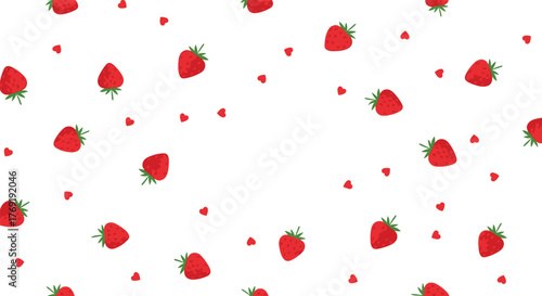 A delightful and whimsical seamless pattern with an abundance of fresh red strawberries and small heart shapes on a crisp white backdrop.