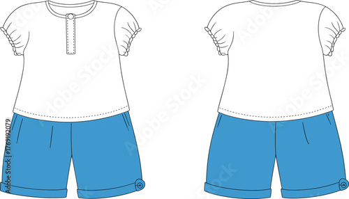 Cute kids summer outfit, puff sleeve top and rolled hem shorts, fashion CAD flat vector, children apparel design illustration template
