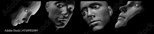 Four human faces built from particles. Technology concept. Anonymous social masking. Cyber security. Black and white. Vector illustration.