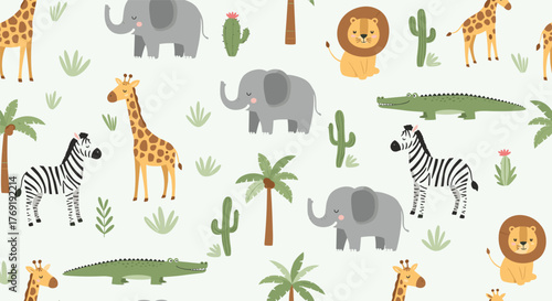 Adorable seamless pattern featuring cartoon safari animals including elephants, giraffes, zebras, lions, crocodiles, and tropical plants.