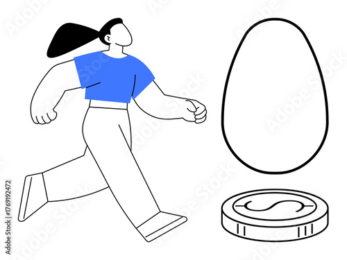 Woman moving forward with confidence alongside a coin and abstract egg shape, symbolizing saving, investing, and growth. Ideal for finance, goal-setting, empowerment, planning, progress simplicity
