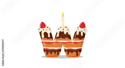 Delicious birthday cake shaped like the letter W, decorated with frosting, sprinkles, strawberries, and a lit candle, on a white background.