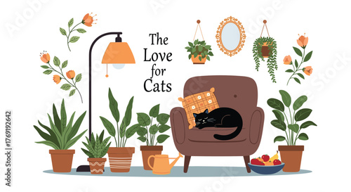 A cozy and inviting indoor scene featuring a black cat sleeping on an armchair, surrounded by houseplants, a floor lamp, and home decor items.