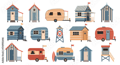 Collection of colorful cartoon beach huts, campers, and lifeguard stations, perfect for summer vacation and seaside adventures.