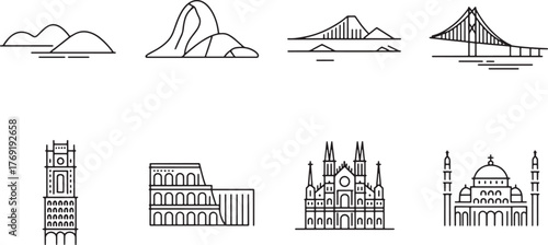 Landmark Icons Line Art Thin Silhouette Outline Tourist Attraction Linear Black and White