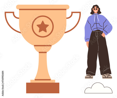 Golden trophy with star alongside a confident woman in casual clothes and sunglasses, cloud at bottom. Ideal for achievement, success, confidence, ambition, goal-setting, self-esteem, motivation
