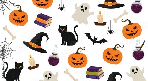 A fun seamless pattern features classic Halloween symbols including jack-o'-lanterns, black cats, witch hats, ghosts, and potions on a white background.