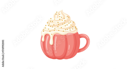 Delicious hot beverage in a cute pink pumpkin-shaped mug topped with creamy whipped cream and sparkling gold sprinkles.