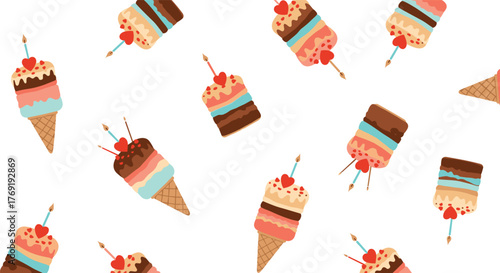 A delightful seamless pattern featuring various festive ice cream cones and layered cake slices adorned with candles and hearts, perfect for celebratory designs.