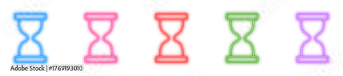 Neon hourglass vector icons, Glowing sandglass symbol, Bright timer sign and Shiny waiting indicator