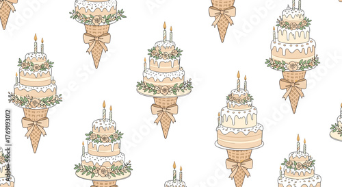 Festive seamless pattern with hand-drawn tiered birthday cakes, lit candles, floral accents, and ribbons on waffle cones.