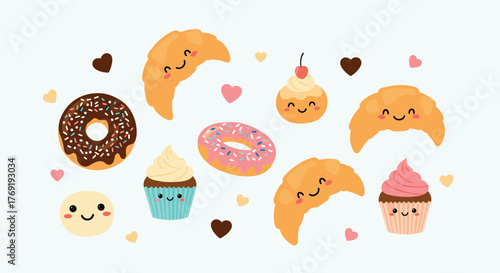 Adorable kawaii cartoon pastries, including smiling croissants, donuts, and cupcakes, playfully surrounded by colorful hearts on a light background.