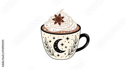 A warm, cozy beverage in a beautifully decorated mug, topped with whipped cream and a star anise, perfect for a magical evening or a comforting moment.