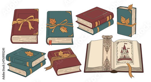 A collection of beautifully illustrated vintage books, some adorned with ribbons and autumn leaves, evoking themes of fantasy, knowledge, and cozy reading.