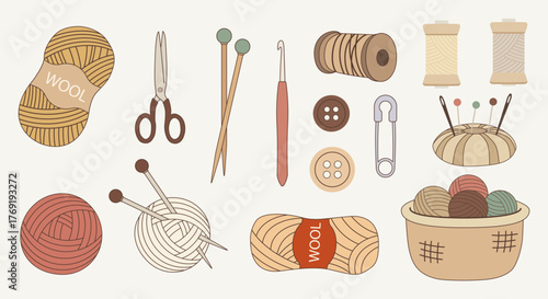 Collection of knitting and sewing tools and materials: yarn, needles, scissors, thread, buttons, and pins. Craft hobbies concept.