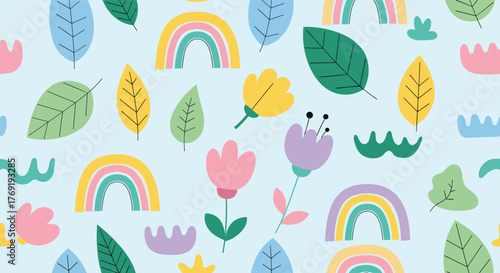 Whimsical and colorful seamless pattern with charming hand-drawn illustrations of flowers, leaves, and rainbows on a light blue background.