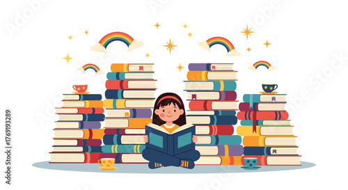 A young girl joyfully reads a book amidst towering stacks of colorful literature, surrounded by whimsical rainbows and sparkling stars.
