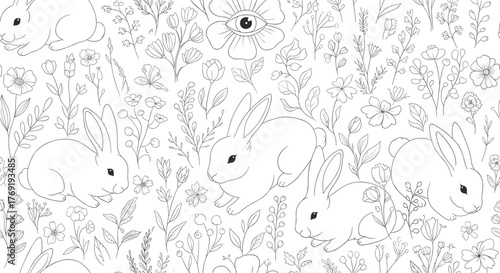 Monochrome seamless pattern featuring adorable bunnies, delicate botanical elements, and a symbolic eye.