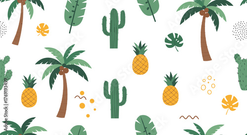 Whimsical seamless pattern featuring a mix of tropical and desert plants like palm trees, pineapples, and cacti on a white background.