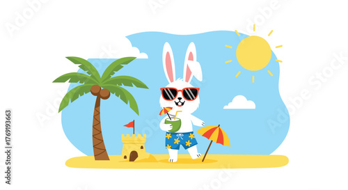 Cute cartoon white rabbit enjoying a tropical summer beach vacation with sunglasses and a refreshing coconut drink.