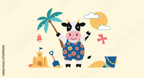 A cheerful cartoon cow in a floral swimsuit enjoys a summer vacation at the beach with a sandcastle and palm tree.