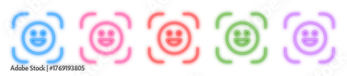 Neon smiling face scan vector icons, Glowing emoji symbol, Bright face recognition and Shiny biometric marker