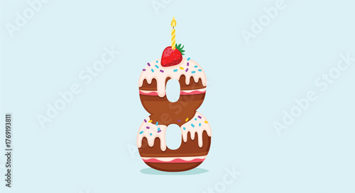 A cheerful number eight birthday cake, styled as two stacked donuts with frosting, sprinkles, a strawberry, and a lit candle on a light blue background.