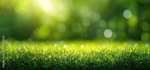 Fresh Green Grass with Bokeh Background and Sunlight.
