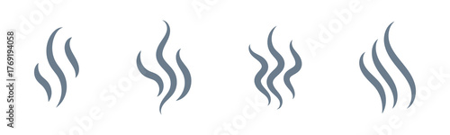 Smoke steam icon vector logo set. Smoke smell, steam aroma heat icon illustration. Hot vapor fire doodle line logo. Hit stink, coffee, fragrance flame elements. Vector illustration. 