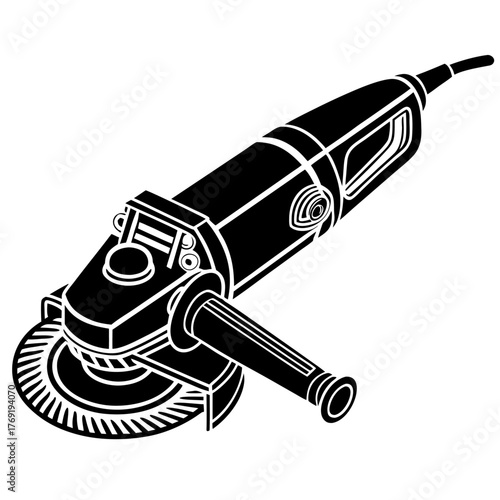 a flat-style vector icon of a black angle grinder silhouette, no background, simple and clean. 