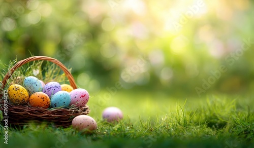 Easter Eggs in Basket on Grass
