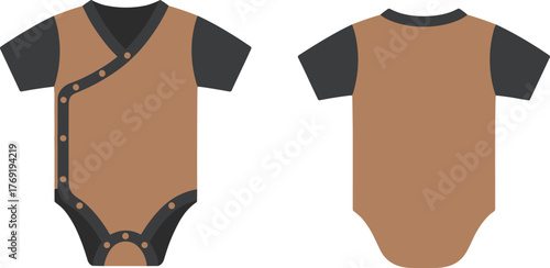 Kimono wrap baby bodysuit vector mockup, short sleeve onesie fashion flat sketch, infant clothing CAD template front and back view