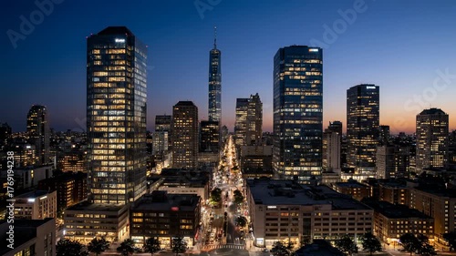 Urban cityscape transforms from vibrant daylight to twinkling night lights in an epic day to night timelapse technology, journey, modern