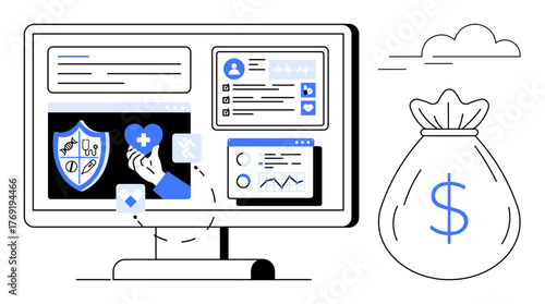 Computer monitor with health insurance elements, medical reports, analytics, and dollar bag. Ideal for finance, health tech, digital tools, insurance, data management analytics modern life simple