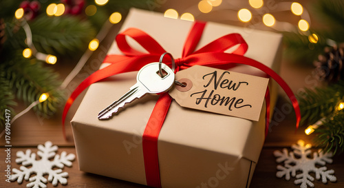 Christmas gift box with house key and paper tag 