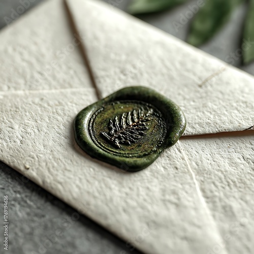 Green wax seal with fern imprint on textured off-white envelope image photo