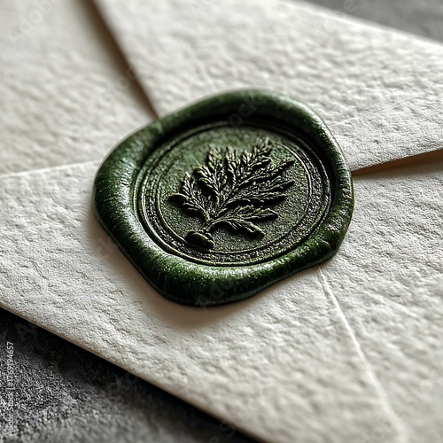 Green wax seal with detailed branch imprint on textured off-white envelope image