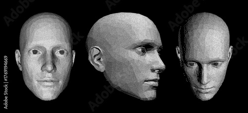 Three human faces constructing from particles. Technology concept. Anonymous social masking. Cyber security. Black and white. Vector illustration.