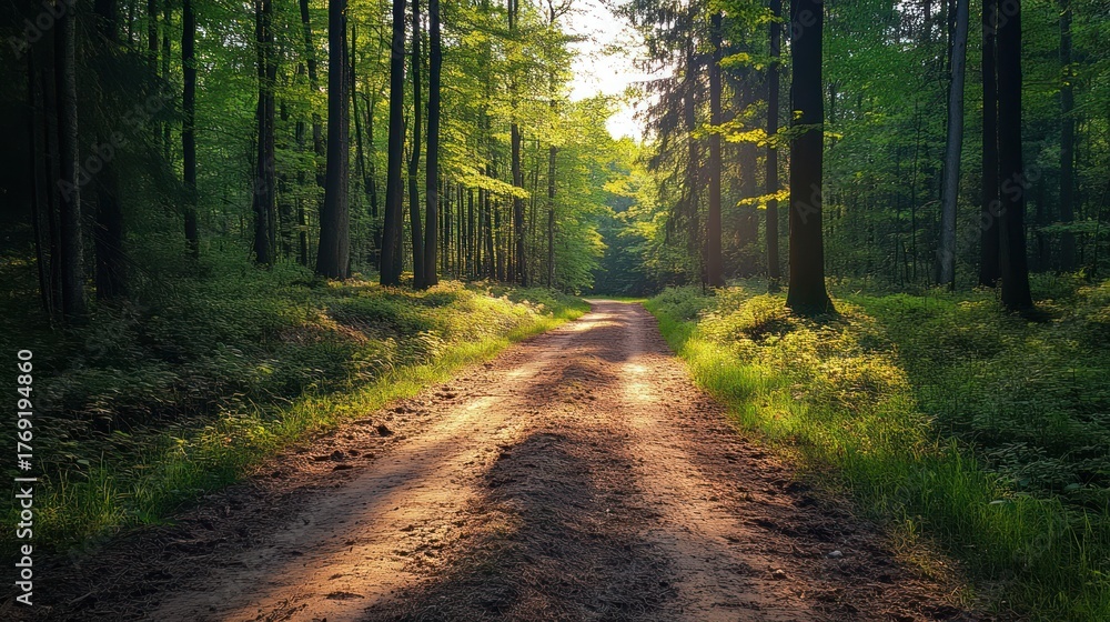 Fototapeta premium Sunlit Forest Path, Dirt Road, Green Trees, Sunlight, Nature, Scenic, Tranquil, Peaceful, Hiking, Travel