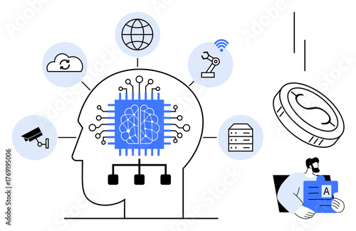 Human head with AI chip, network, cloud, robotic arm, surveillance, databases, and cryptocurrency. Ideal for automation innovation IoT technology security finance machine learning. Simple flat