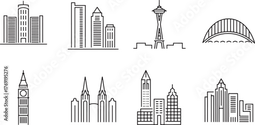 Global Landmarks City Skyline Silhouette Vector Collection: Line Art Architecture Design