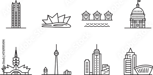 World Landmarks Cityscapes Minimal Line Art Vector Design: Icon Set Architecture Outlines