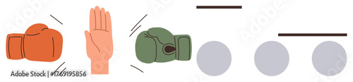 Boxing gloves and open hand symbolize confrontation and resolution. Dividing lines and circles enhance visual clarity. Ideal for disagreement, negotiation, boundaries, peace, conflict, teamwork